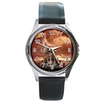 Cute Baby Elephant On A Jetty Round Metal Watch Front