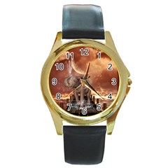 Cute Baby Elephant On A Jetty Round Gold Metal Watch by FantasyWorld7