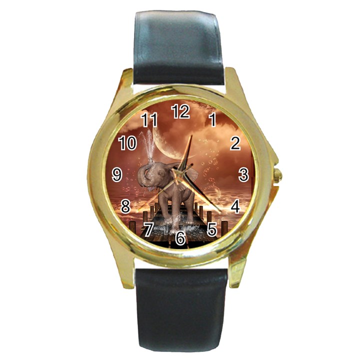 Cute Baby Elephant On A Jetty Round Gold Metal Watch