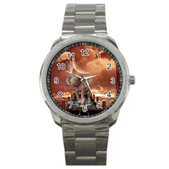 Cute Baby Elephant On A Jetty Sport Metal Watch by FantasyWorld7