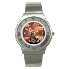 Cute Baby Elephant On A Jetty Stainless Steel Watch by FantasyWorld7