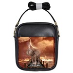 Cute Baby Elephant On A Jetty Girls Sling Bags