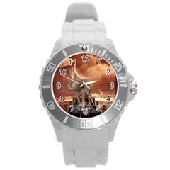 Cute Baby Elephant On A Jetty Round Plastic Sport Watch (l) by FantasyWorld7