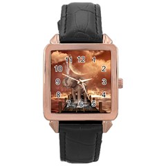 Cute Baby Elephant On A Jetty Rose Gold Leather Watch  by FantasyWorld7