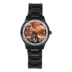 Cute Baby Elephant On A Jetty Stainless Steel Round Watch by FantasyWorld7