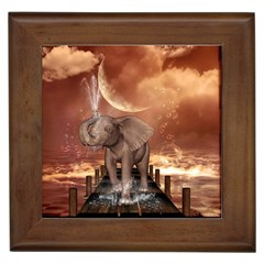 Cute Baby Elephant On A Jetty Framed Tiles by FantasyWorld7