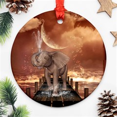 Cute Baby Elephant On A Jetty Ornament (round) by FantasyWorld7