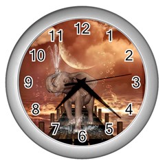 Cute Baby Elephant On A Jetty Wall Clocks (silver)  by FantasyWorld7