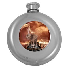 Cute Baby Elephant On A Jetty Round Hip Flask (5 Oz) by FantasyWorld7