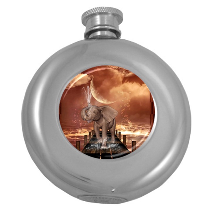 Cute Baby Elephant On A Jetty Round Hip Flask (5 oz)