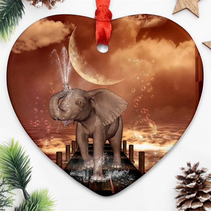 Cute Baby Elephant On A Jetty Heart Ornament (Two Sides)