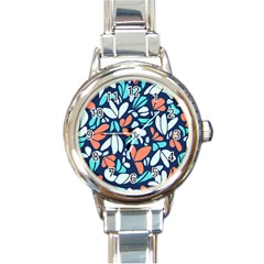 Blue Tossed Flower Floral Round Italian Charm Watch