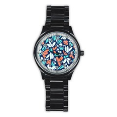 Blue Tossed Flower Floral Stainless Steel Round Watch