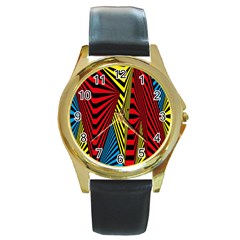 Door Pattern Line Abstract Illustration Waves Wave Chevron Red Blue Yellow Black Round Gold Metal Watch