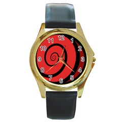 Double Spiral Thick Lines Black Red Round Gold Metal Watch by Mariart