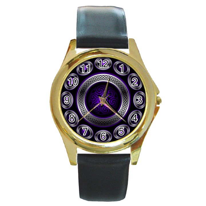 Digital Celtic Clock Template Time Number Purple Round Gold Metal Watch