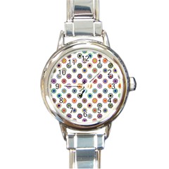 Flowers Pattern Recolor Artwork Sunflower Rainbow Beauty Round Italian Charm Watch by Mariart