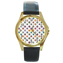 Flowers Pattern Recolor Artwork Sunflower Rainbow Beauty Round Gold Metal Watch by Mariart