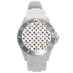 Flowers Pattern Recolor Artwork Sunflower Rainbow Beauty Round Plastic Sport Watch (l)