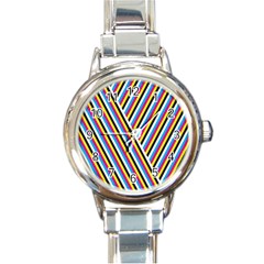 Lines Chevron Yellow Pink Blue Black White Cute Round Italian Charm Watch by Mariart