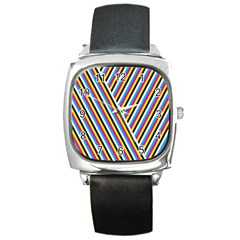 Lines Chevron Yellow Pink Blue Black White Cute Square Metal Watch by Mariart