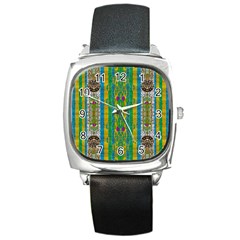 Rainbows Rain In The Golden Mangrove Forest Square Metal Watch by pepitasart