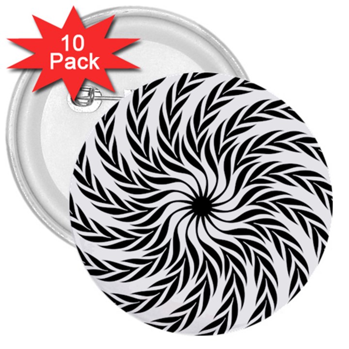 Spiral Leafy Black Floral Flower Star Hole 3  Buttons (10 pack) 