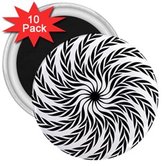 Spiral Leafy Black Floral Flower Star Hole 3  Magnets (10 Pack) 