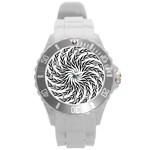 Spiral Leafy Black Floral Flower Star Hole Round Plastic Sport Watch (L) Front