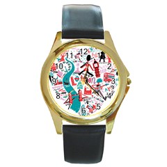 London Illustration City Round Gold Metal Watch