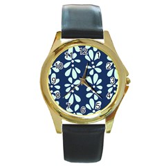 Star Flower Floral Blue Beauty Polka Round Gold Metal Watch