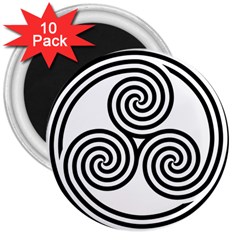 Triple Spiral Triskelion Black 3  Magnets (10 Pack)  by Mariart