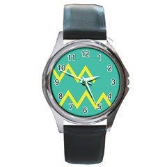 Waves Chevron Wave Green Yellow Sign Round Metal Watch by Mariart