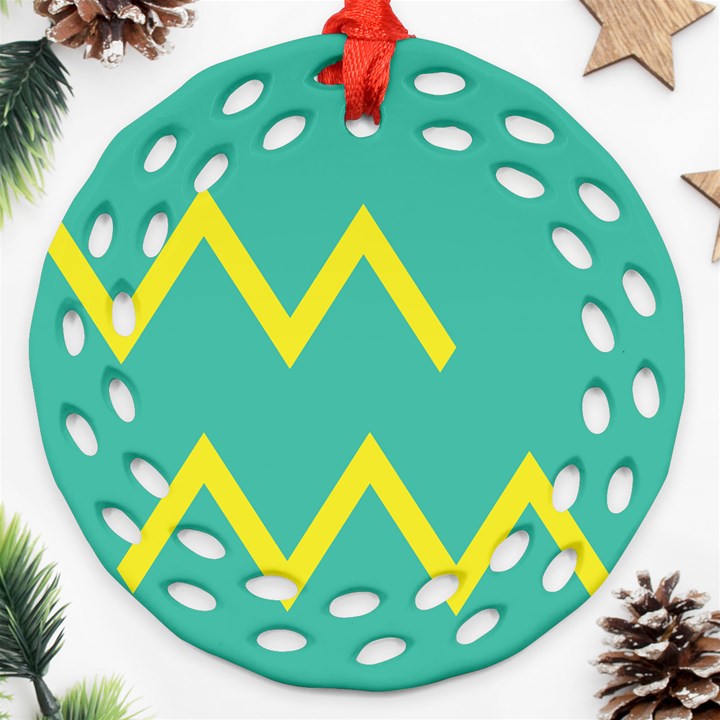 Waves Chevron Wave Green Yellow Sign Round Filigree Ornament (Two Sides)