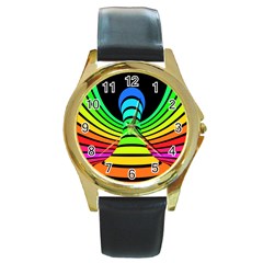 Twisted Motion Rainbow Colors Line Wave Chevron Waves Round Gold Metal Watch