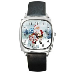 Funny Santa Claus With Snowman Square Metal Watch by FantasyWorld7