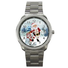 Funny Santa Claus With Snowman Sport Metal Watch by FantasyWorld7