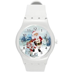 Funny Santa Claus With Snowman Round Plastic Sport Watch (m) by FantasyWorld7