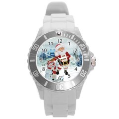 Funny Santa Claus With Snowman Round Plastic Sport Watch (l) by FantasyWorld7