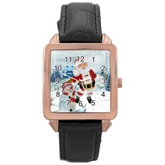 Funny Santa Claus With Snowman Rose Gold Leather Watch  by FantasyWorld7