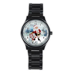 Funny Santa Claus With Snowman Stainless Steel Round Watch by FantasyWorld7