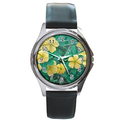 Yellow Flowers At Nature Round Metal Watch by dflcprints