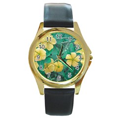 Yellow Flowers At Nature Round Gold Metal Watch by dflcprints