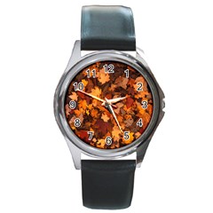 Fall Foliage Autumn Leaves October Round Metal Watch by Nexatart