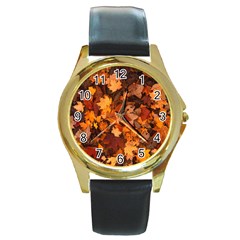 Fall Foliage Autumn Leaves October Round Gold Metal Watch by Nexatart