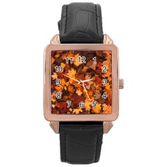 Fall Foliage Autumn Leaves October Rose Gold Leather Watch  by Nexatart