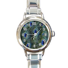 Peacock Feathers Blue Bird Nature Round Italian Charm Watch by Nexatart