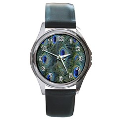 Peacock Feathers Blue Bird Nature Round Metal Watch by Nexatart