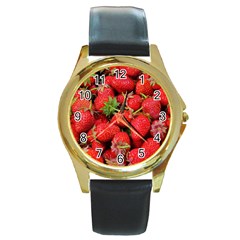 Strawberries Berries Fruit Round Gold Metal Watch by Nexatart