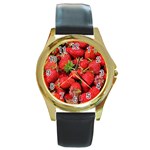 Strawberries Berries Fruit Round Gold Metal Watch Front